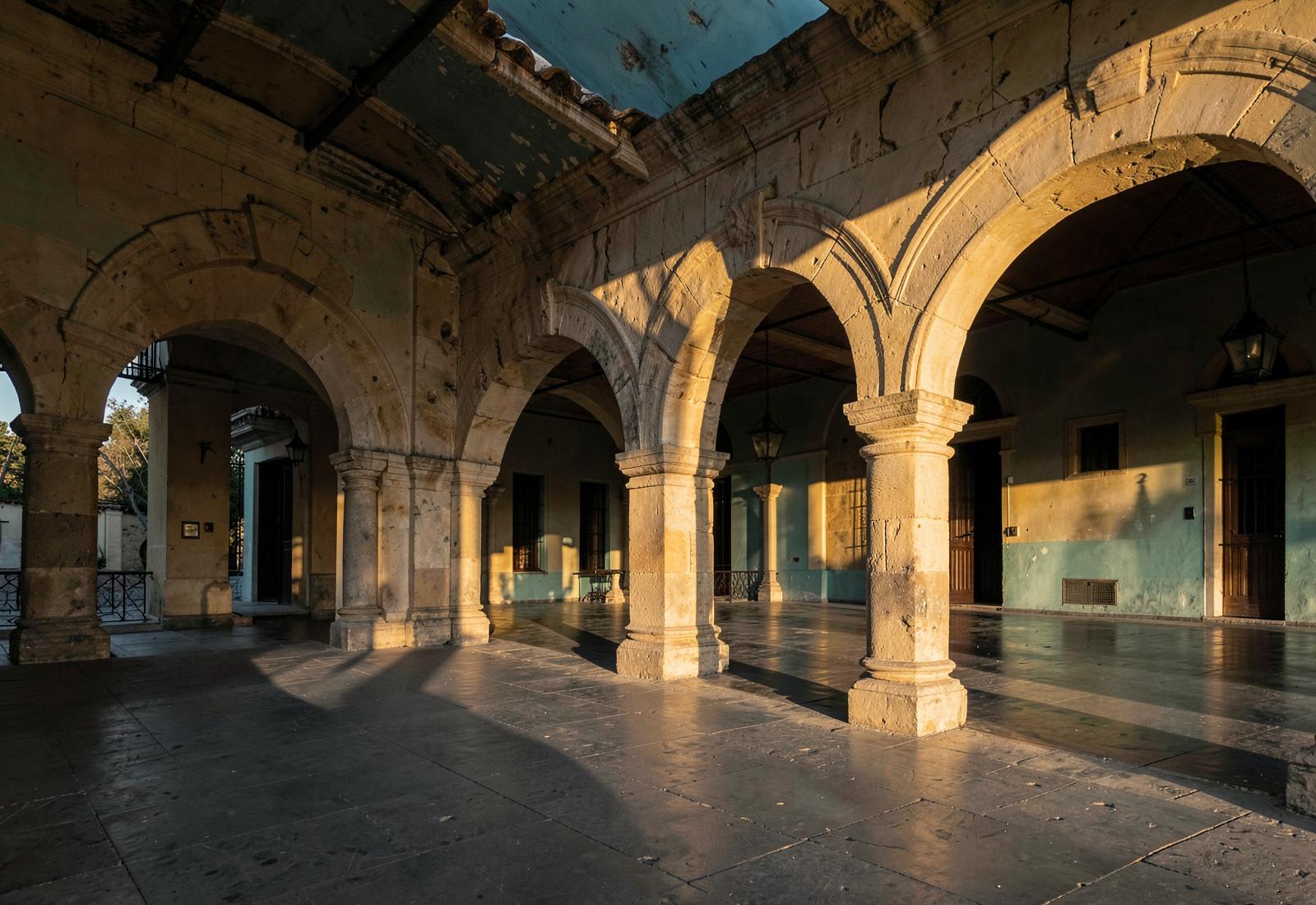 Arcada de un palacio de justicia colonial mexicano al atardecer